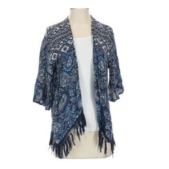 Hollister Sweaters - Hollister Blue Paisley Fringe Kimono Cardigan Open Front Boho Top Small